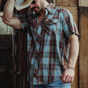 Dixxon Flannel El Paso Lasso Blue Brown Plaid Pearl Snap Short Sleeve Bamboo